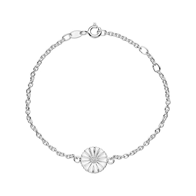 Marguerit armbånd i 925 sterlingsølv med hvid emalje fra Lund Copenhagen – justerbar kæde 16–19 cm.